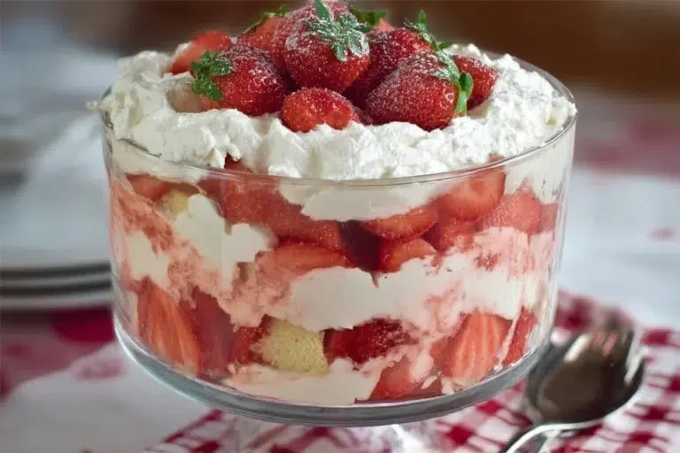 Delicious strawberry trifle layered with cream and fresh strawberries.