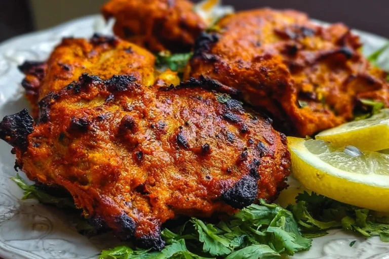 Delicious Tandoori Chicken garnished with herbs and served on a plate.