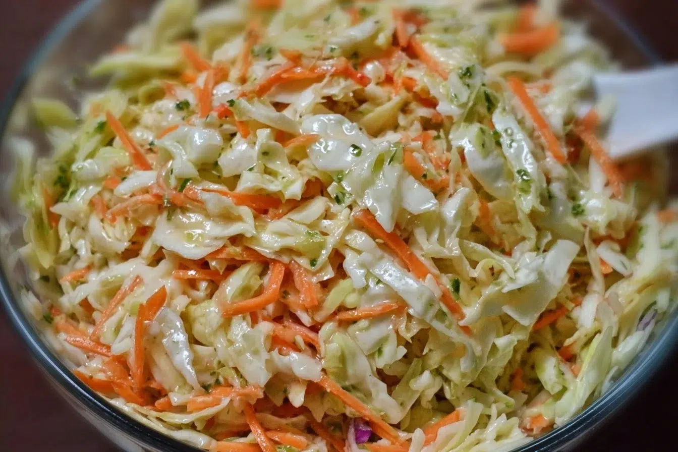 Bowl of tangy coleslaw with cabbage and carrots, a fresh side dish