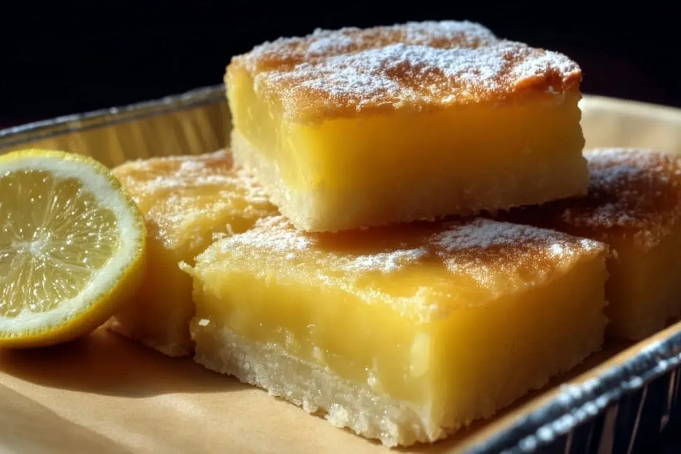 Two-ingredient lemon bars garnished with lemon zest on a white plate.