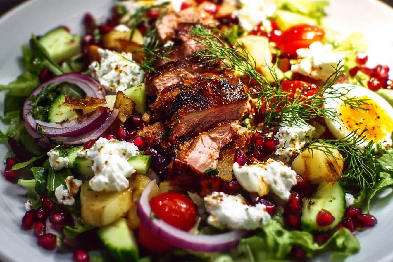 Bowl of Ultimate Dinner Salad featuring fresh vegetables and protein.