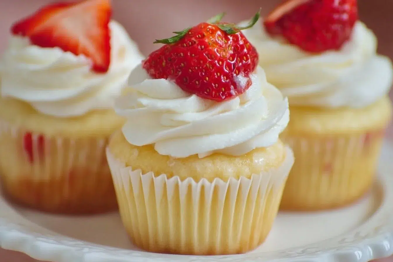 Delicious Vanilla Strawberry Shortcake Cupcakes topped with fresh strawberries