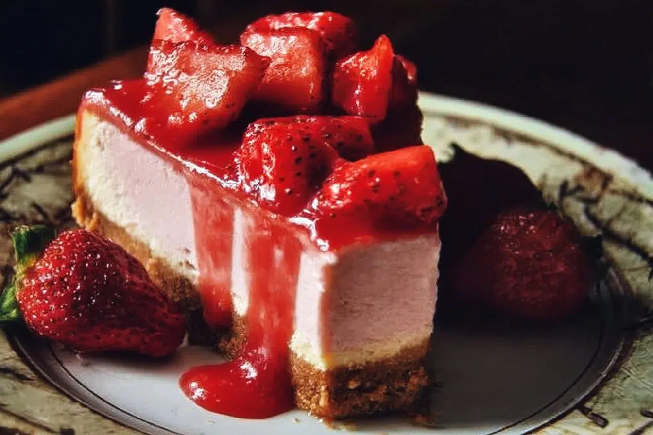 Delicious Velvet Strawberry Cheesecake topped with fresh strawberries