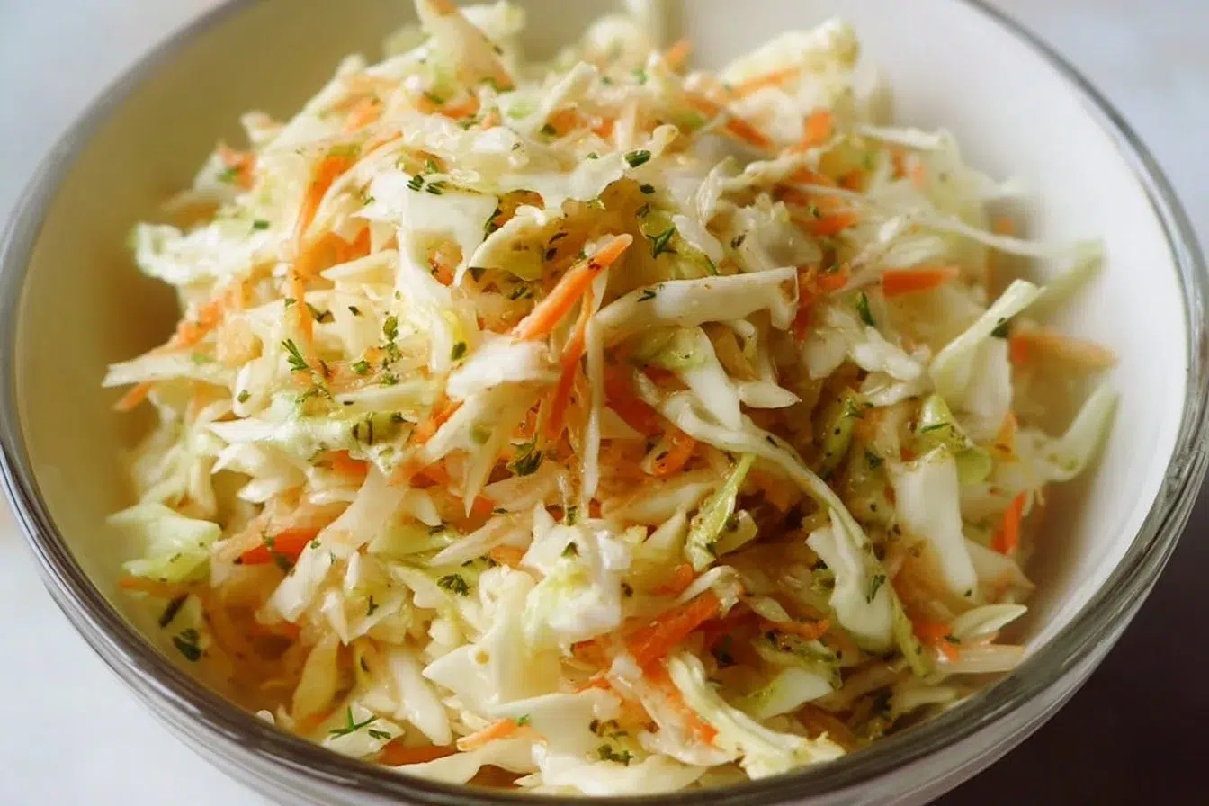 Bowl of vinegar coleslaw with fresh vegetables and dressing