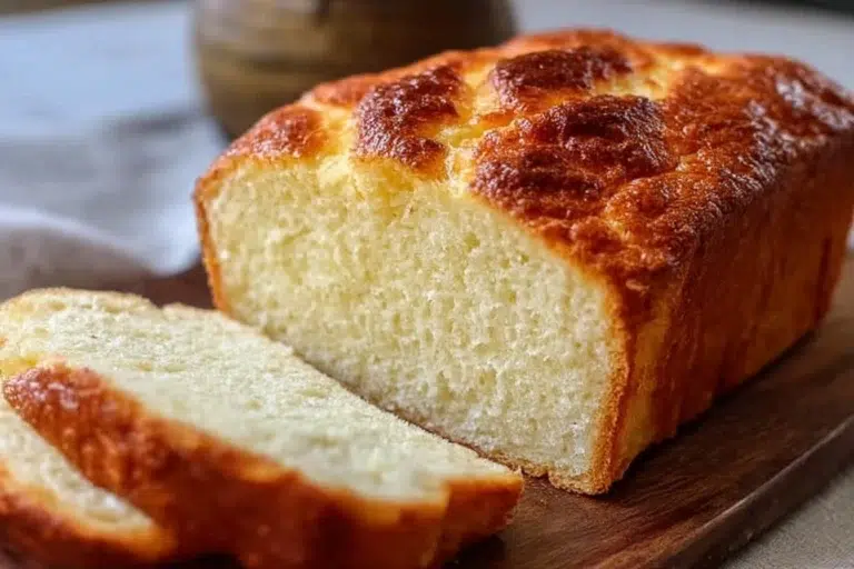 Sliced zero carb yogurt bread on a wooden cutting board