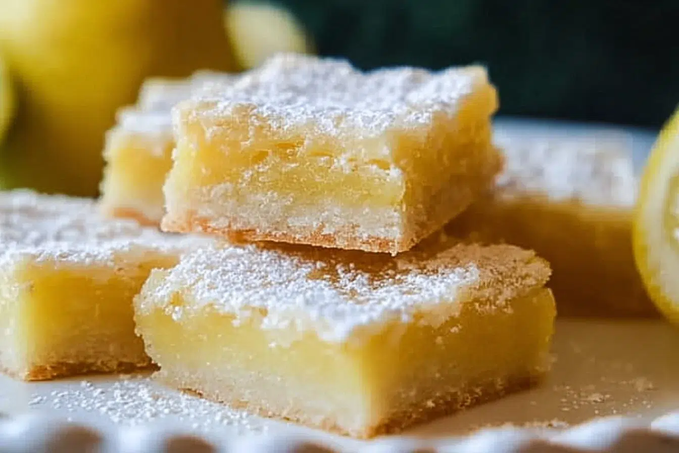 Delicious zesty lemon bars on a white plate with lemon slices